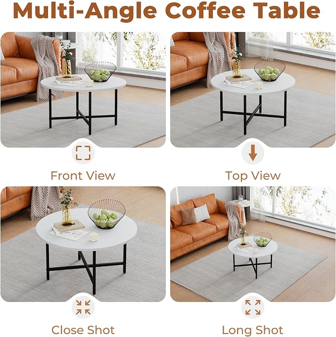 FAMIDGE Coffee Table, 23.6" Coffee Tables for Living Room, Round Coffee Table with Metal Frame, Floor Table for Sitting on The Floor, Home, Office, White