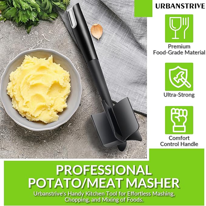 Urbanstrive Heavy Duty Meat Chopper for Ground Beef, Durable Ground Beef Smasher, Non-Scratch Hamburger Chopper, Non-slip Ground Meat Chopper and Meat Masher Ground Beef (Black)