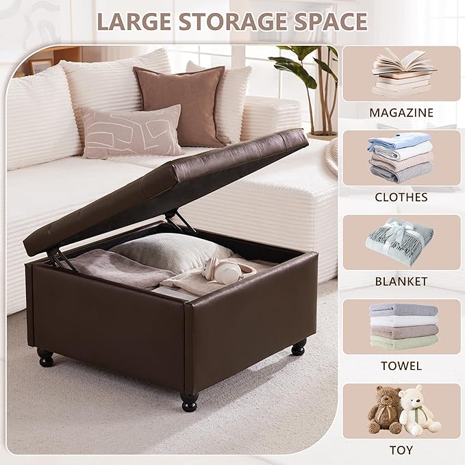 Weture 30 Inch Large Square Storage Ottoman Coffee Table, Oversized Square Ottoman with Storage, Tufted Upholstered Coffee Tables for Living Room (Leather, Brown)