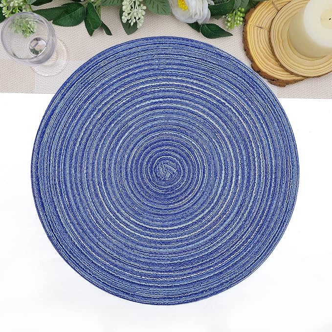 SHACOS Round Braided Placemats Set of 8 Round Table Mats for Dining Tables Washable Fabric Kitchen Table Place Mats (Blue White, 8)