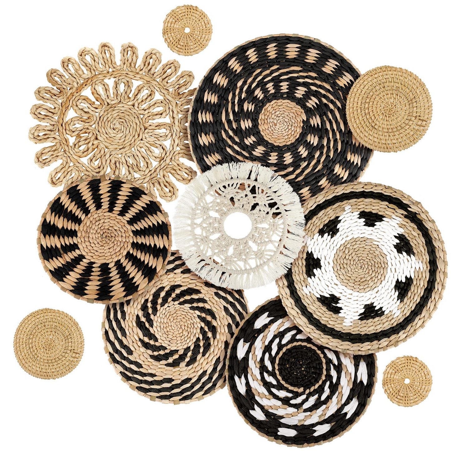 Tatuo 11 Pcs Boho Wall Basket Decor Bulrush Woven Wall Hanging Art Round Farmhouse Rustic Handmade Wicker for Summer Home, Bedroom, Living Room, Kitchen Decorations, Multi Sizes(Boho)