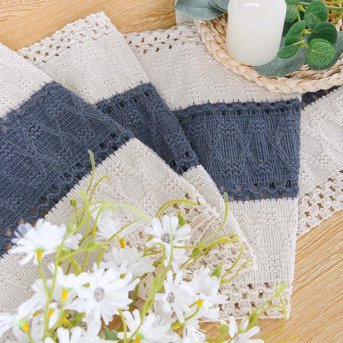 FEXIA Boho Blue Table Runner 90 Inches Long with Tassels Macrame Farmhouse Summer Style Graduation Party Rustic Wedding Baby Shower Dining Kitchen Living Room Decor (12x90 Inches)