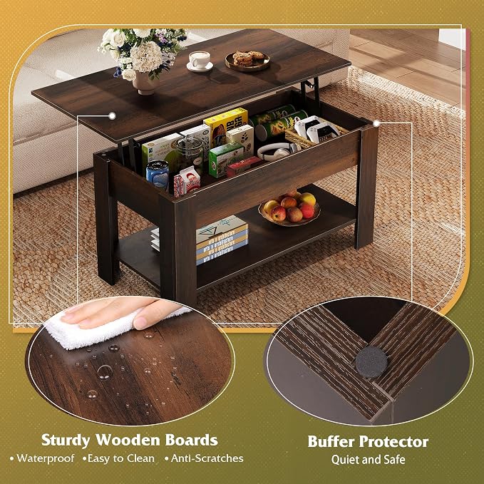 WLIVE Coffee Table, 39" Lift Top Coffee Table with Hidden Compartment, Storage Shelf and Lifting Top for Home Living Room, Office and Reception Room,Espresso