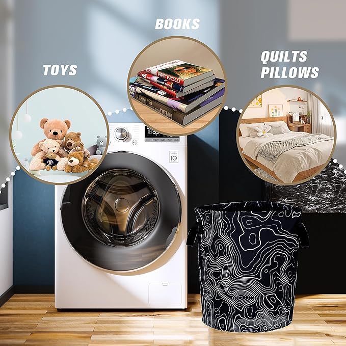 Topographic Map Laundry Basket Topography Pattern Foldable Oxford Cloth Funny Tote Bag Laundry Hamper Clothes Storage Bucket Organizer For Bathroom/Laundry Storage/Bedroom 18.9x16.5 Inch