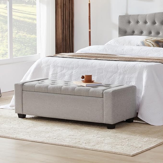 Huatean Home 48" Ottoman with Storage, Storage Ottoman Bench with Safety Hinge, Upholstered Entryway Bench with Seating for Bedroom, Living Room, Holds up to 330 lb(Light Gray)