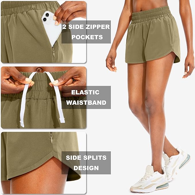 SANTINY Women's Running Shorts with Zip Pockets High Waisted Athletic Workout Gym Shorts for Women with Liner