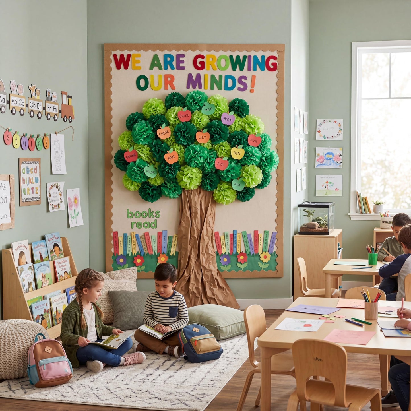 Mooliwe Classroom Tree Bulletin Board Set DIY 3D Cardboard Tree with Paper Pom Poms Kraft Craft Bulletin Board Wall 3D Decorations for School Elementary Teacher Chalkboard (Green,8, 10, 12 Inch)