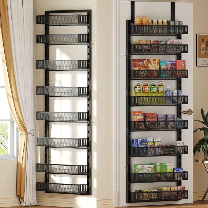 Over the Door Pantry Organizer, 8-Tier Over the Door Spice Rack with Adjustable Baskets, Wall-Mounted or Hanging Shelves for Kitchen, Laundry Room, Bathroom(Black, 16.65"W x 5.2"D x 72.6"H)