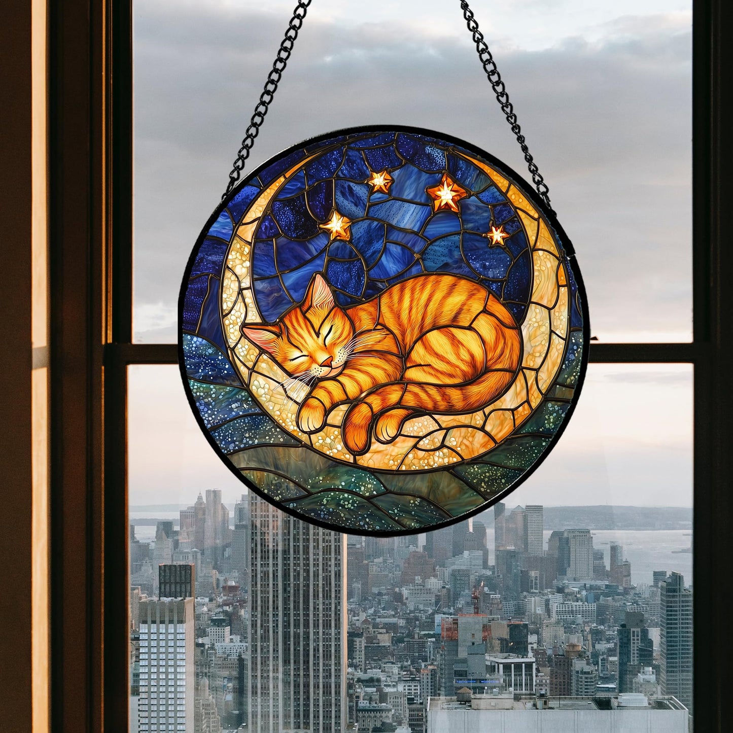 AMDERVEN Stained Glass Window Hanging - Orange Moon Sleeping Cat Sun Catcher for Door Home Decor Blue Starry Sky Suncatcher Christmas Mother's Day Birthday Gifts for Women Men Mom Nana 6.3 in