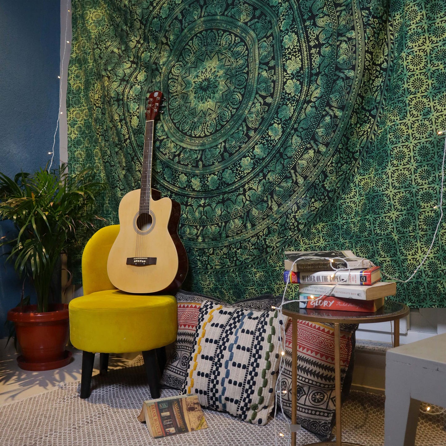 Craft Trade Indian Cotton Mandala Wall Hanging Tapestry for Aesthetic Boho Hippie Living Room, Meditation & Bedroom Décor - Green - 50x60 Inches
