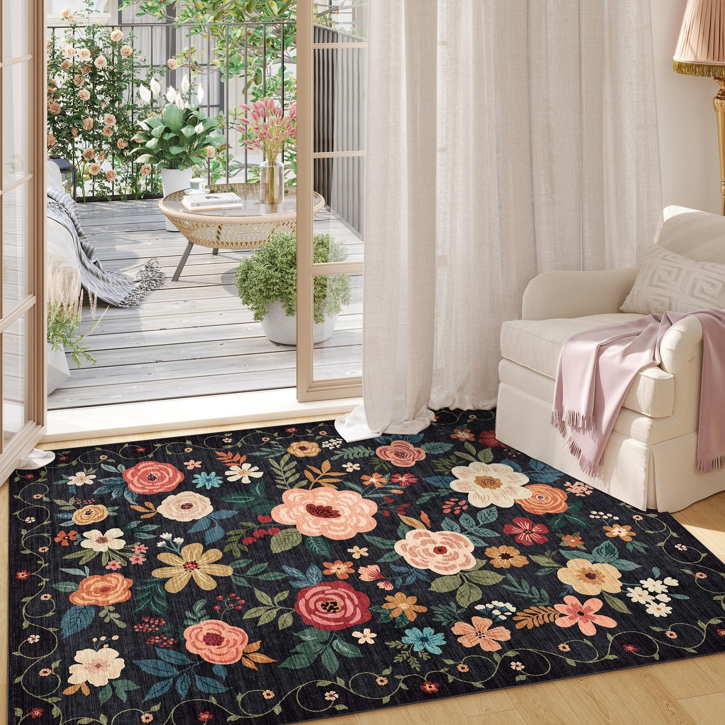 DUKINO 2x3 Rugs for Entryway, Floral Indoor Washable Door Mat, Non Slip Boho Small Rug for Kitchen, Soft Low Pile, Front Door Throw Rug for Entrance, Bedroom, Kitchen, Laundry, Bathroom, Black