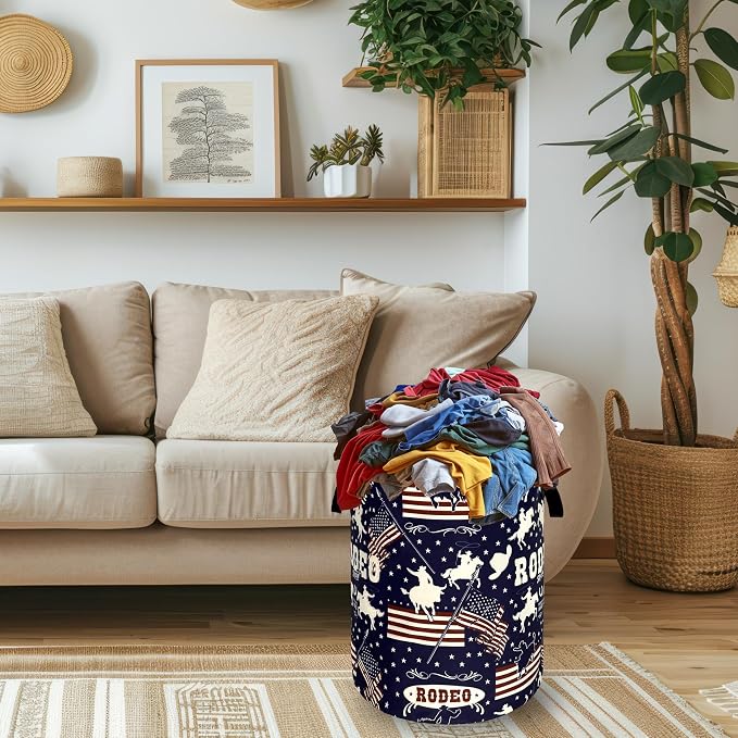 Western Cowboy Laundry Hamper Foldable Oxford Cloth American Flag Laundry Basket With Handle Portable Clothes Storage Organizer Basket 18.9"x16.5" Storage Bag For Laundry Room/Bathroom/Bedroom