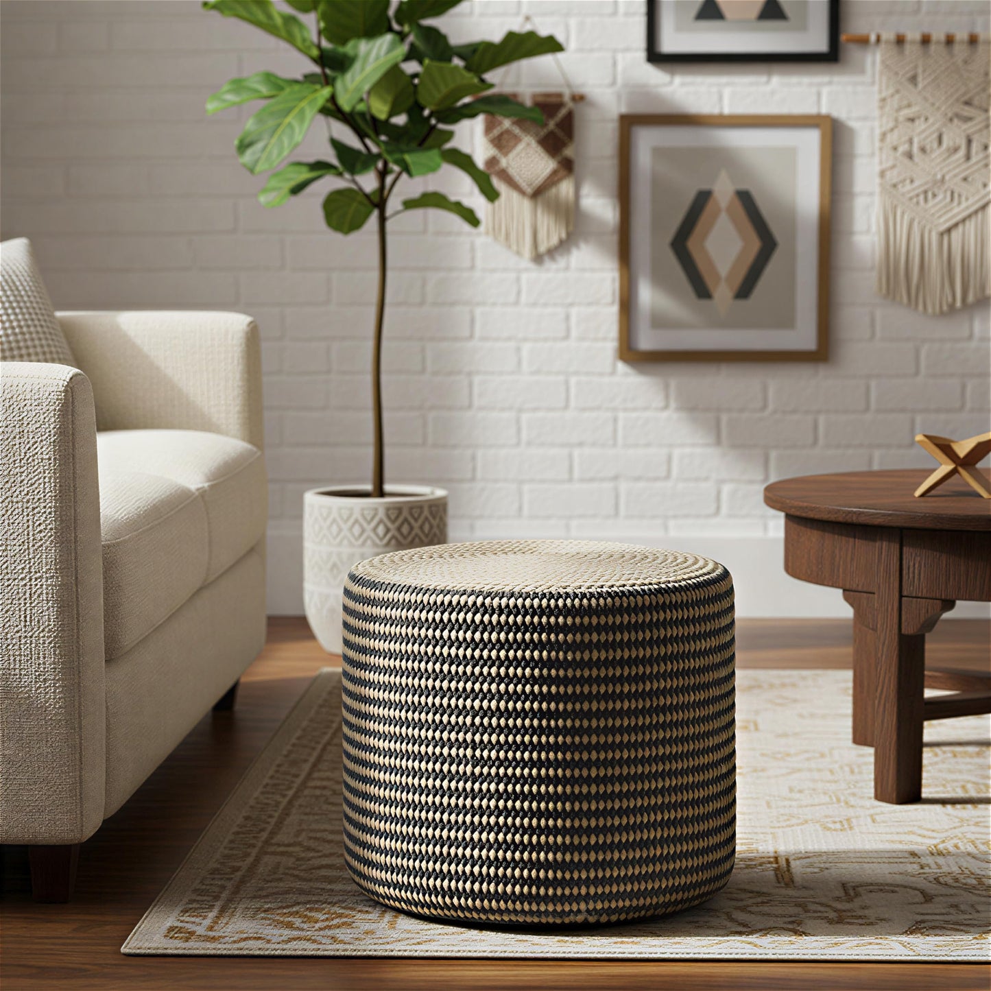 SIMPLIHOME Larissa Round Pouf - 18 inch Wide Hand Braided Jute Ottoman in Sandy Natural/Ebony, Boho Footstool or Extra Seating for Living Room or Kids Room with Polystyrene Bead Filling, Assembled