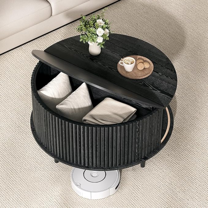 JOINICE,Black Round Coffee Table with Storage, 31.5" Fluted Center Table with Sliding Door, Modern Circle Drum Accent Table for Living Room, Sleek Wood Furniture for Small Spaces & Apartments
