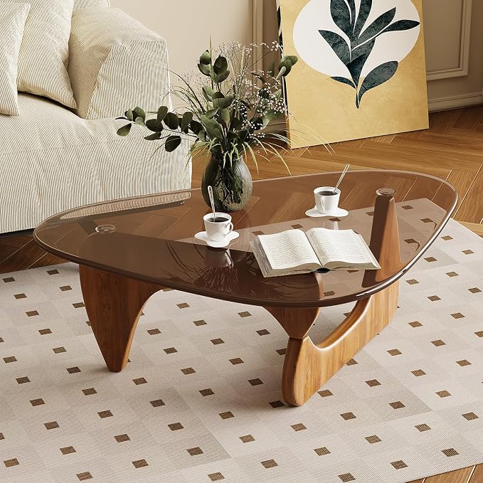 Coffee Table for Living Room Mid Century Modern Center Table with Glass Top and Wood, 36 Inch, Brown/Walnut