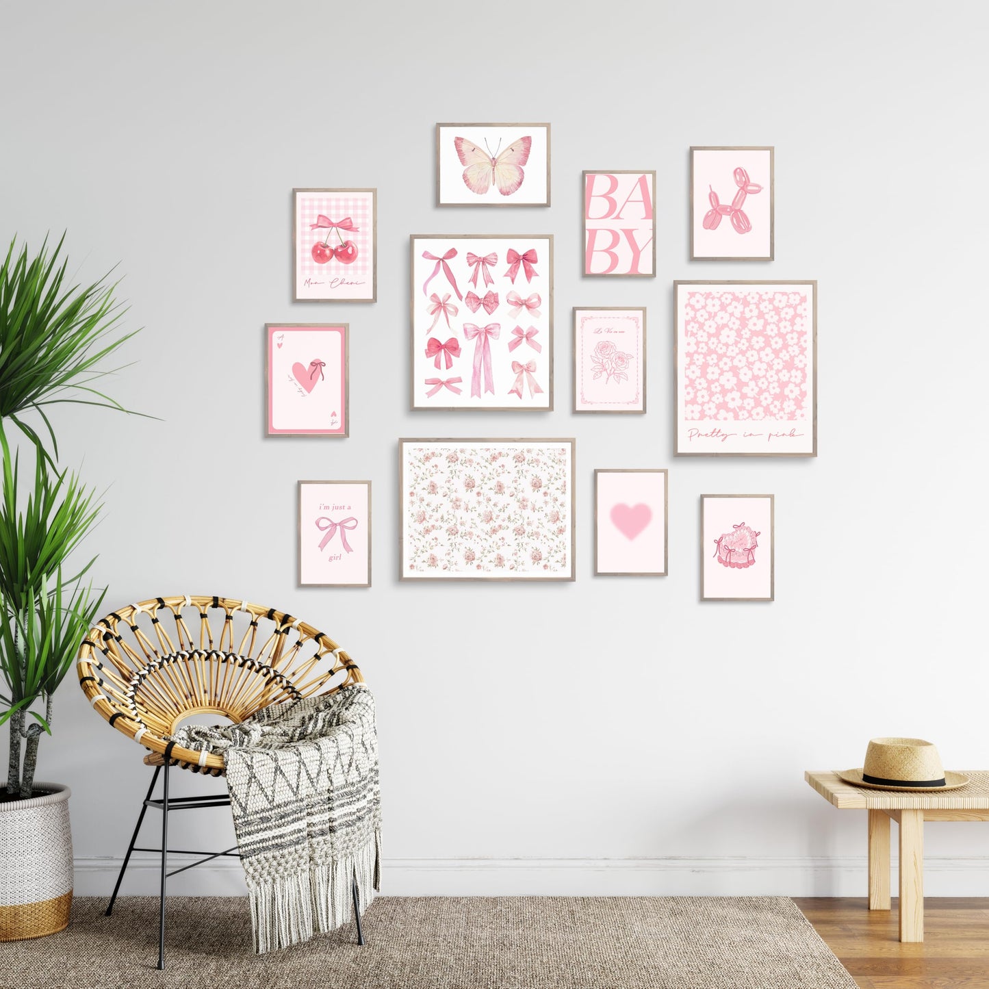 TwoDays Pink Coquette Room Decor Aesthetic, Light Pink Bows Wall Art Posters, Trendy Pictures for Girls Dorm, Funky Girly Prints for Bedroom. (Multi Sizes, 8" X 10" Largest, Set of 12, UNFRAMED)