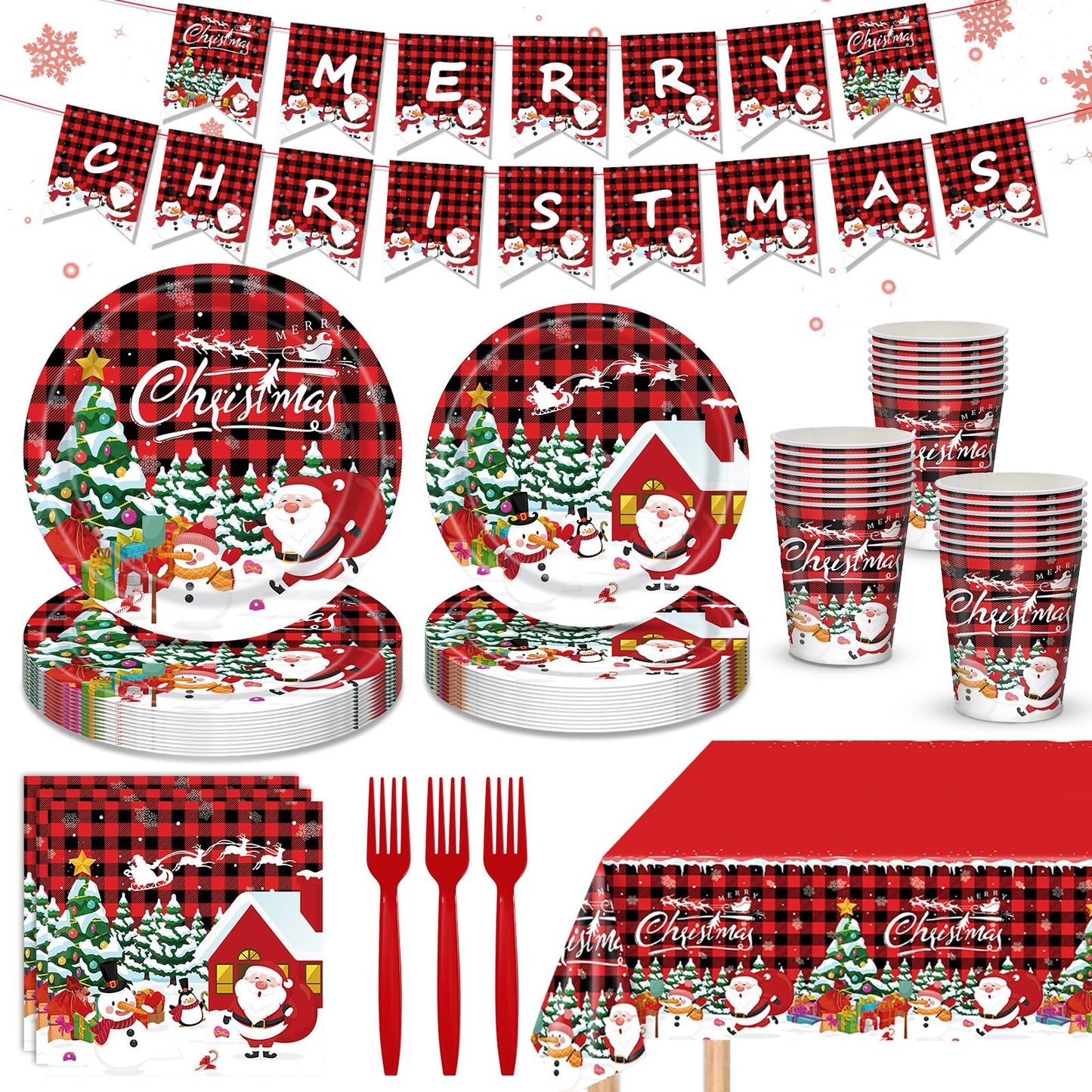 AWLZJZQA 122 PCS Christmas Party Supplies Serve 24 Guests Merry Christmas Plates and Napkins Party Decorations Disposable Dinnerware Decor Snowman Santa Claus Red Grid