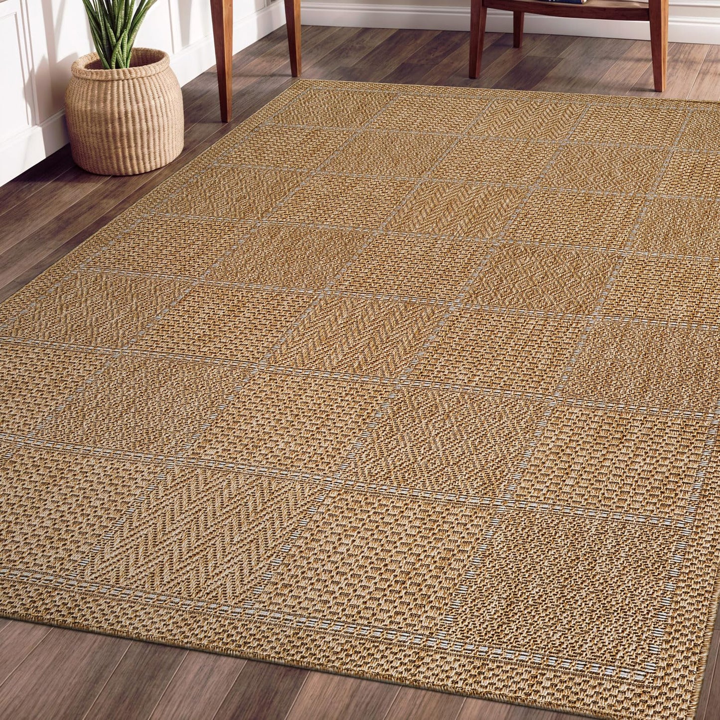 Beverly Rug Easy Jute Checkered Squared Rug 9x12 Washable Large Indoor Outdoor Area Rugs for Living Dining Room Patio Office Stain Resistant Non Shedding Casual Indoor Outside Carpet 9 x 12 Natural
