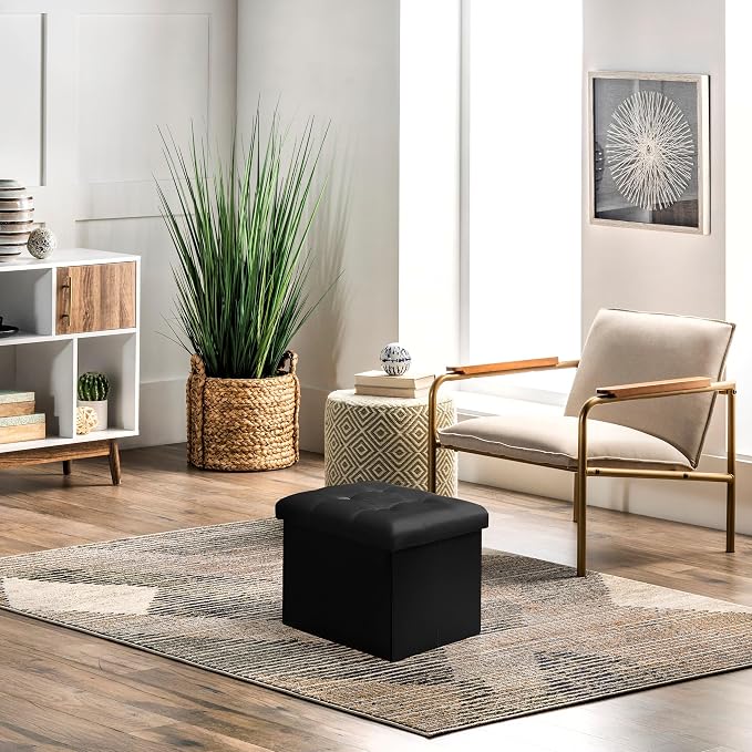 AmasSmile Storage Ottoman Foot Rest Stool, 17 inch Velvet Footstool Bench, Black Short Ottomans Stool, Small Folding Storage Ottoman Store Books, Record