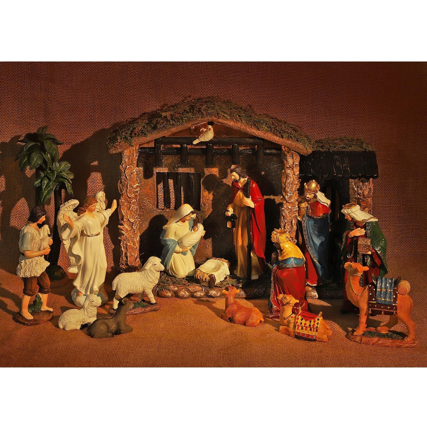 Fovths 17 Pieces Lighted Nativity Christmas Nativity Stable Manger Religious Nativity Stable Manger Figurine Resin Decor for Deluxe Edition Led Nativity Tabletop Holiday Centerpieces Decor, 7 Inch