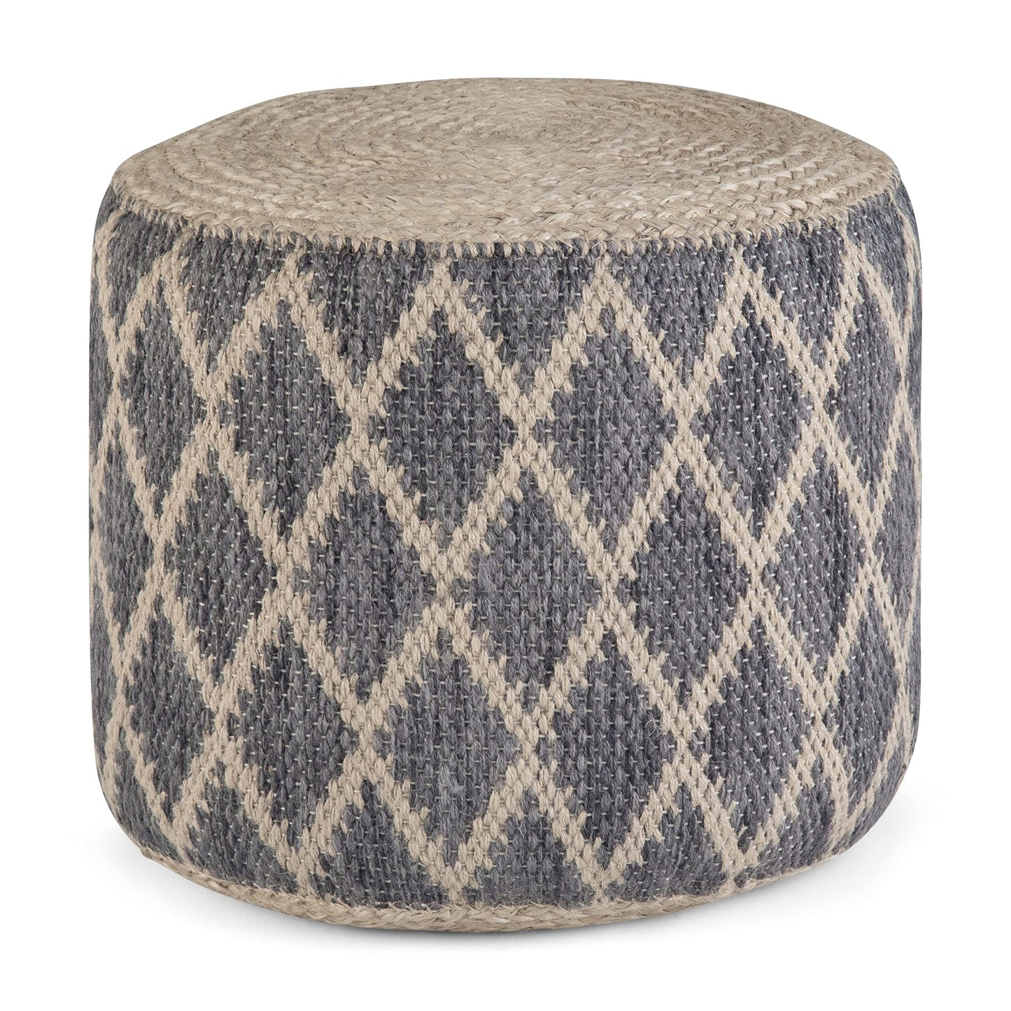 SIMPLIHOME Edgeley Round Pouf - 18 inch Wide Handwoven Jute and Cotton Ottoman in Grey and Natural, Boho-Style Footstool or Extra Seating for Living Room, Bedroom, or Kids Room, Assembled