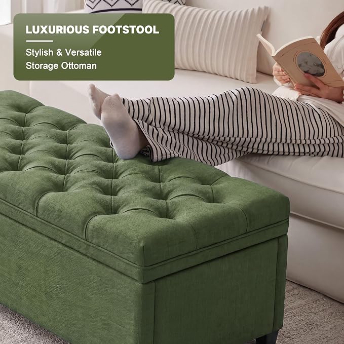 Mangodan 43" Storage Ottoman Bench, Tufted Ottoman with Storage for Living Room, Large End of Bed Ottomans, Modern Entryway Benchs, Window & Bedroom Benches for Foot of Bed (Green)