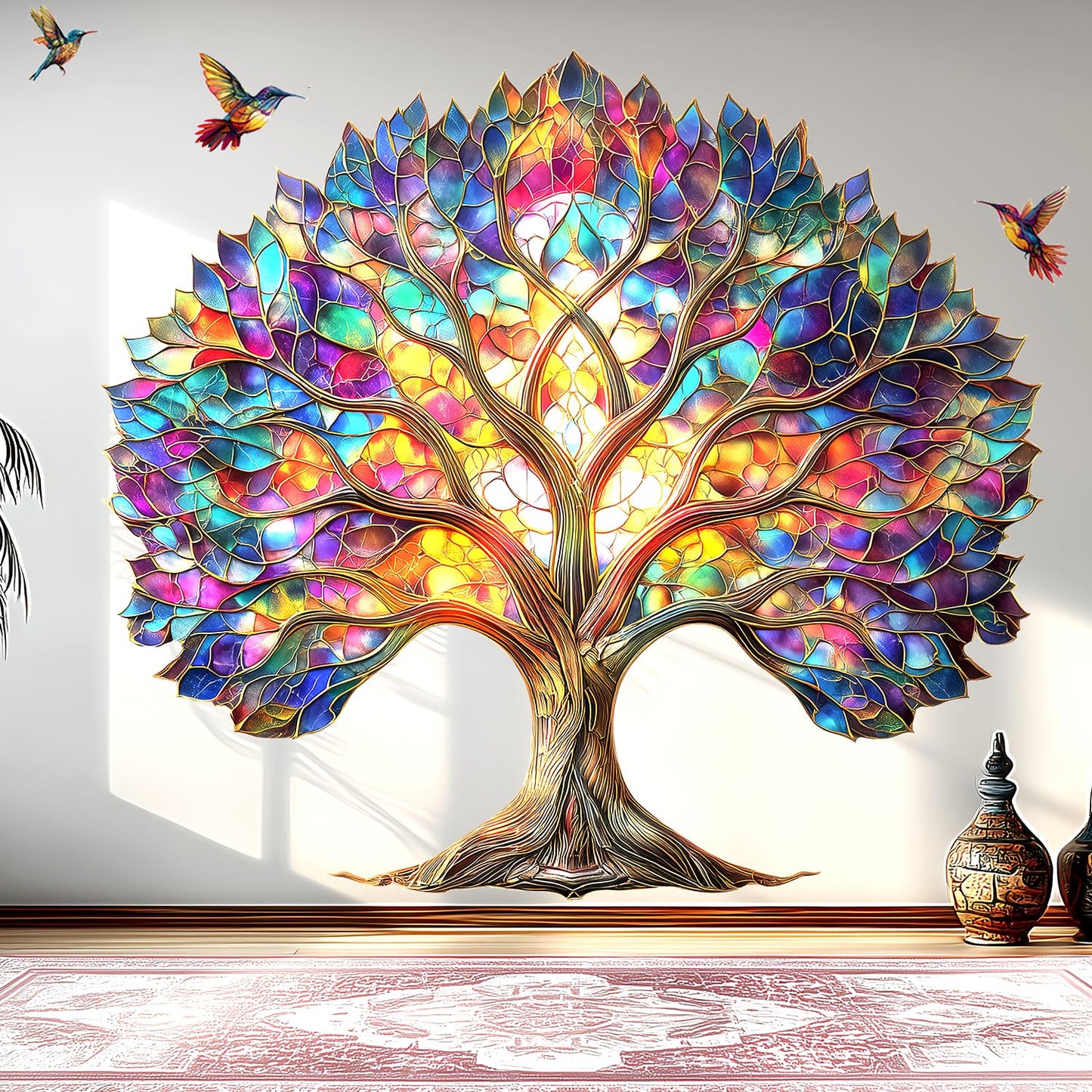 VePret Vibrant Tree of Life Wall Decals Peel and Stick,Stained Glass Leaves Wall Stickers & Murals, Removable Hummingbirds Home Decor Art for Bedroom Living Room Classroom Office