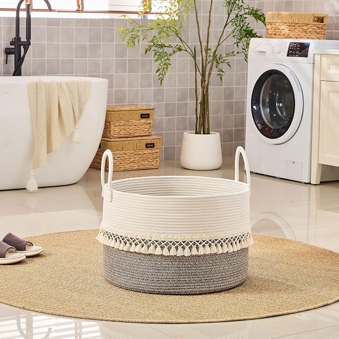 KAKAMAY Cotton Rope Storage Basket (20"x13"),Woven Hamper for Blankets,Toys,Pillows,Clothes,Laundry,Sturdy Handles Decorative Basket for Living Room, Bedroom,Nursery(Beige Fringe)