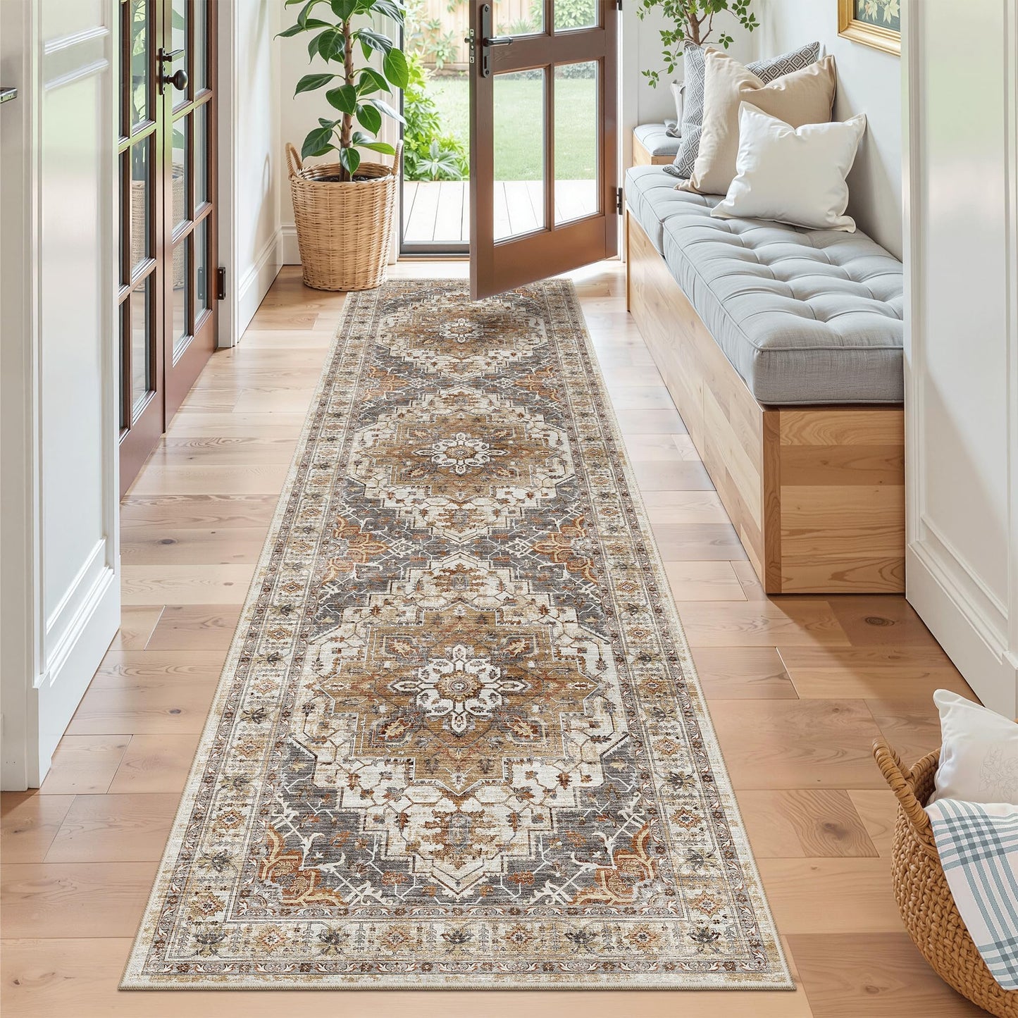 Madane Runner Rug 2x8, Washable Hallway Runner Rugs, Non-Slip Low-Pile Soft Kitchen Rug Runner Laundry Room Rug, Vintage Throw Entry Foyer Mat for Entrance Living Room (Turmeric/Grey, 2 x 8)