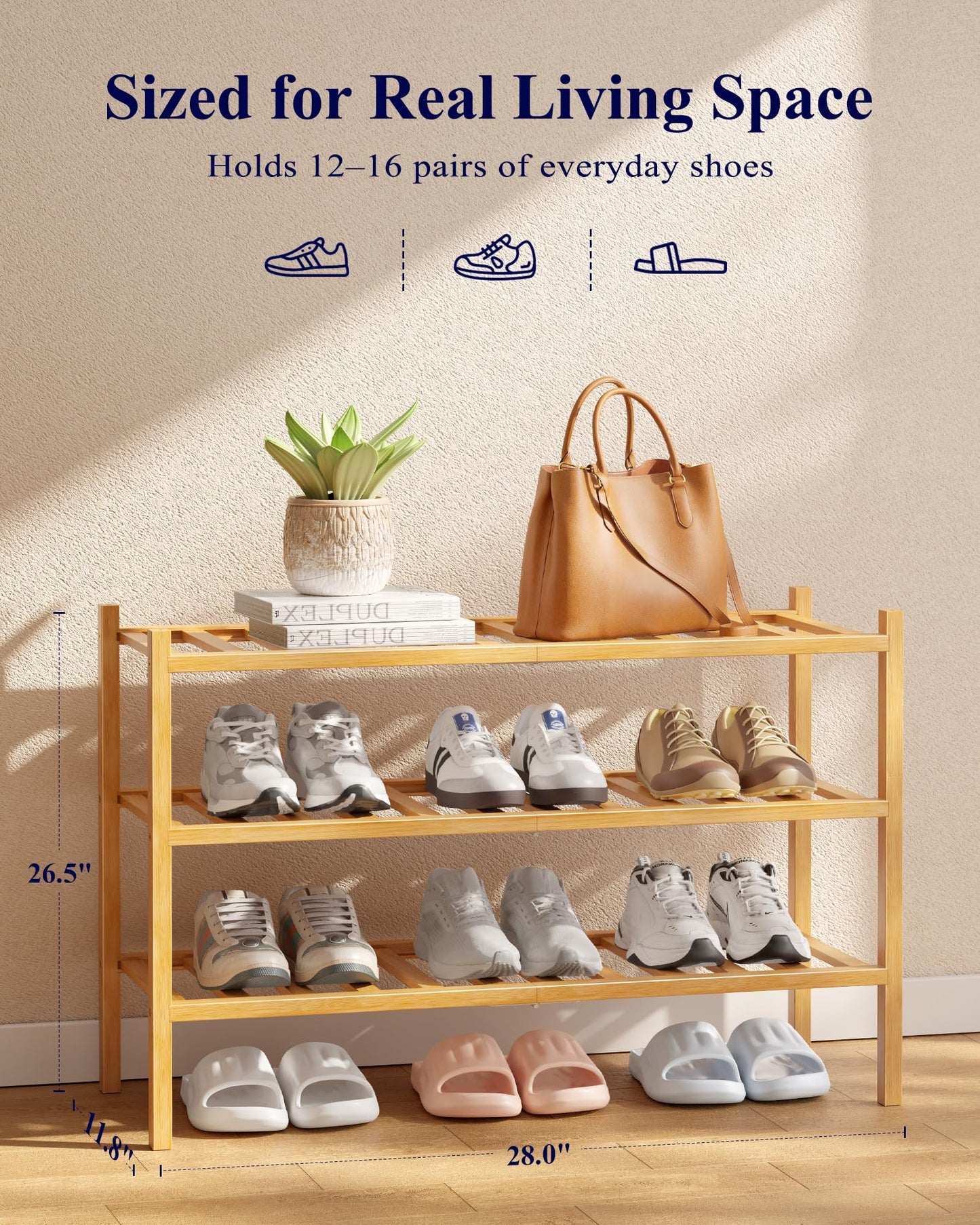 Kitsure Bamboo Wooden Shoe Rack for Closet - Stackable Shoe Organizer with Modular Structure, Space-Saving Shoe Shelf for Entryway, Living Room, Bedroom, 26.8" x 11" x 18.9", Natural