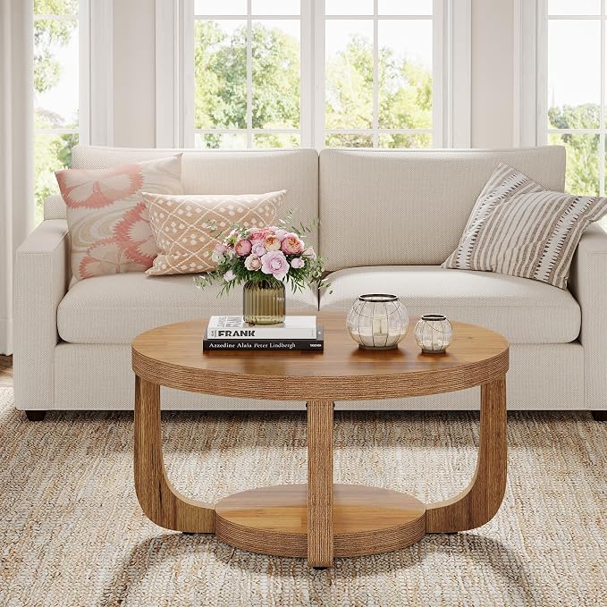 Tribesigns Round Coffee Table, 2-Tier Circle Coffee Table with Storage, Modern Wooden Accent Center Table for Living Room, Thick Tabletop & Base (Rustic Brown)