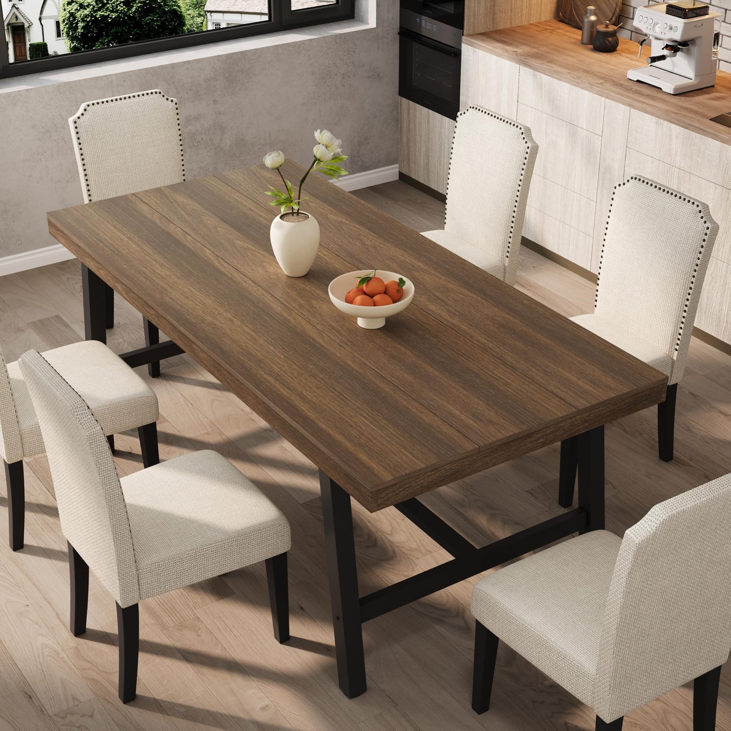 GarveeHome 7 Piece Dining Table Set for 6-8, 71" Heavy Duty Industrial Kitchen Table and 6 Padded High Back Chairs with Nailhead Trim, Modern Farmhouse Dining Room Furniture Sets, Rustic Brown