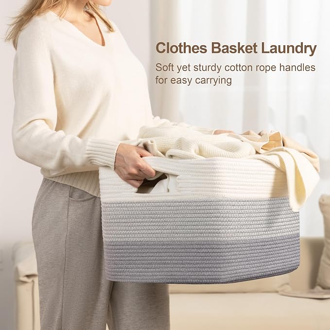 45L Small Laundry Basket with Leather Handles for Living Room Storage, Woven Rope Baskets Bin for Blanket, Kids Toy, Gifts, Wicker Hamper for Bedroom Dirty Clothes, 18"x14"x11" Gradient Grey