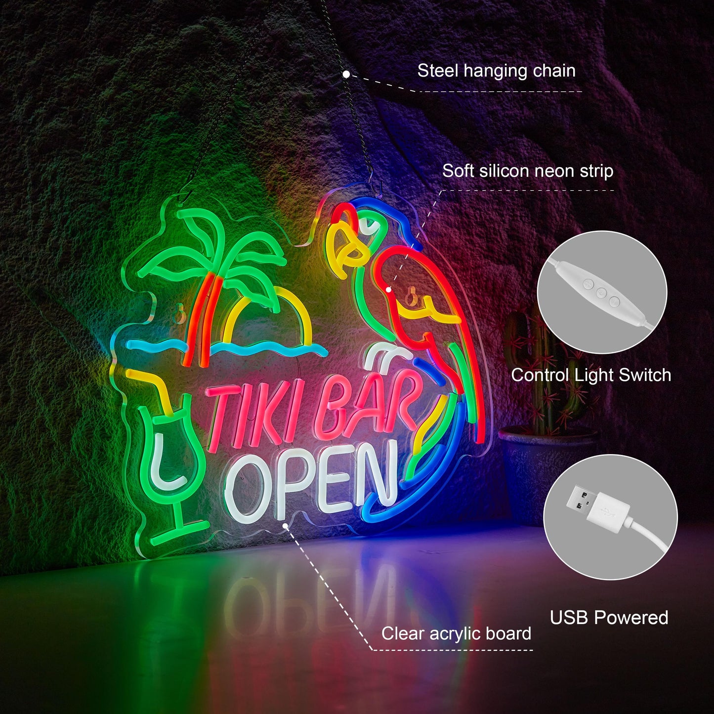 Tiki Bar Open Neon Sign for Tiki Open Wall Décor with Dimmable Switch Hawaii Pool Beach Bar LED Neon Signs Art Decor Light