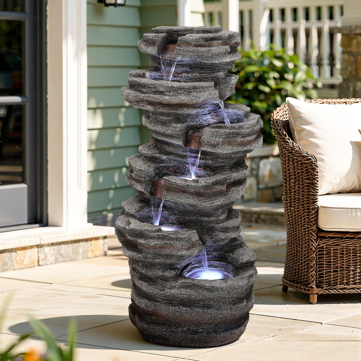Ultym Extra-Large 6-Tier Outdoor Water Fountain with LED Lights, Cascading Rock Waterfall for Garden Patio Porch, Weather-Resistant Polyresin Water Feature for Tranquil Oasis