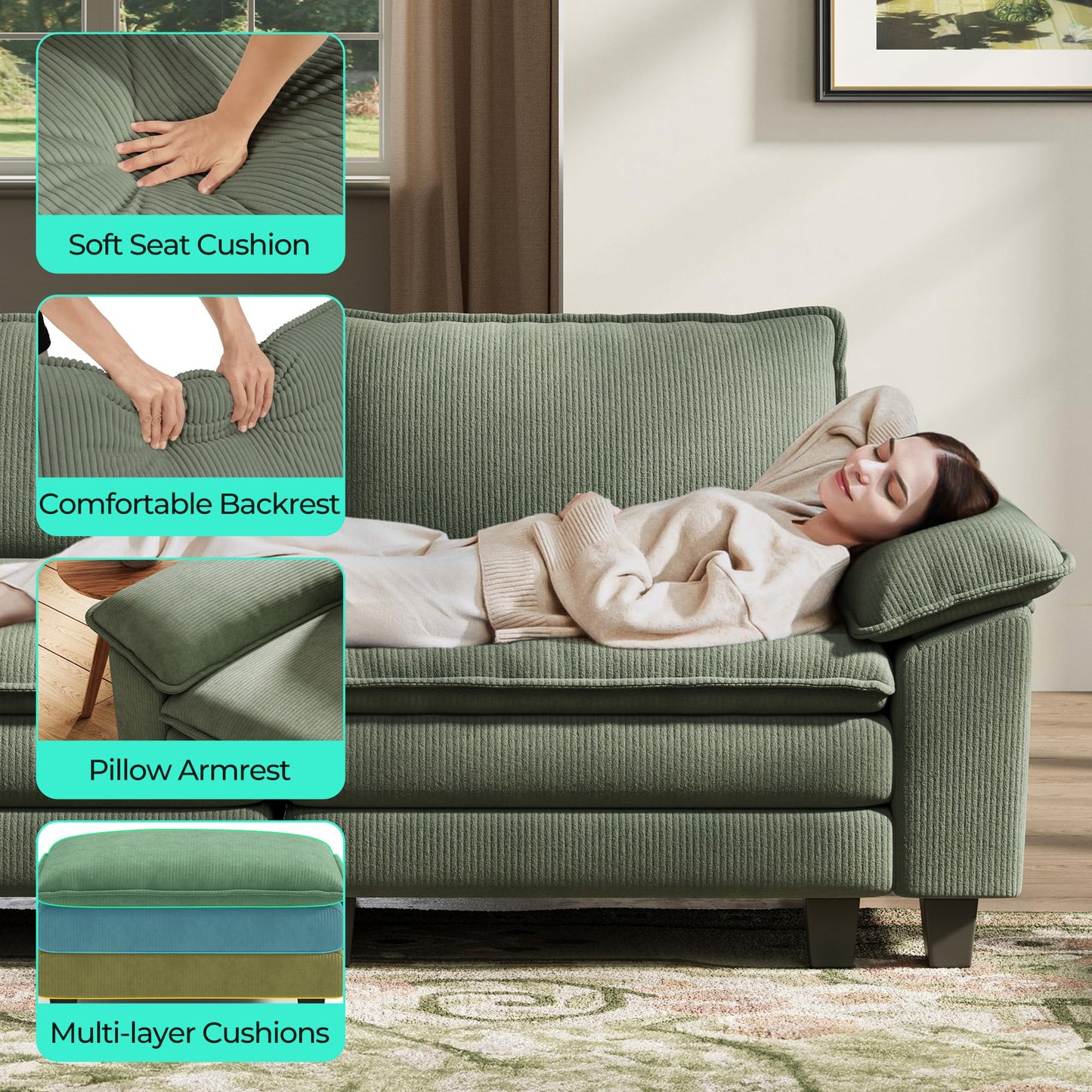 LINSY HOME Modular Sectional Sofa - 157 Inch Oversized Corduroy Cloud Couch with Movable Ottoman Soft Modern Comfy Sofa Set for Living Room Apartment Office, Green