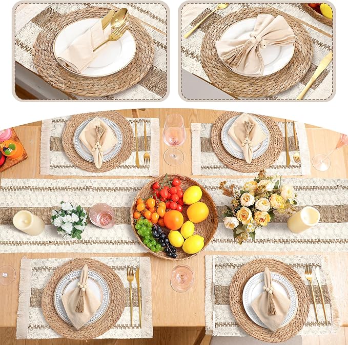 6 Sets Boho Decoration Placemats Round Woven Placemats, Cloth Napkins, Wood Bead Napkin Rings, Long Table Runner and Farmhouse Burlap Cotton for Table Kitchen (Brown,12x72)