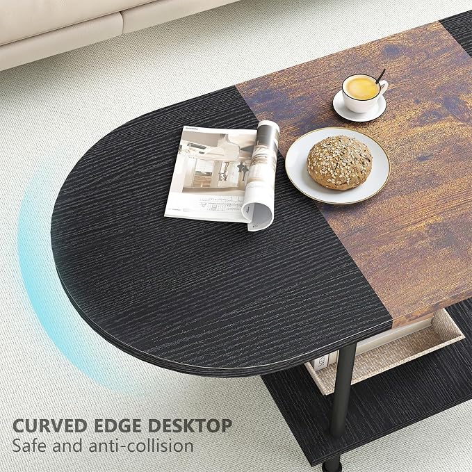 Coffee Tables, Modern Center Table with Storage Shelf, 2-Tier Table for Living Room, Modern Two-Tone Design (Mixed Black)
