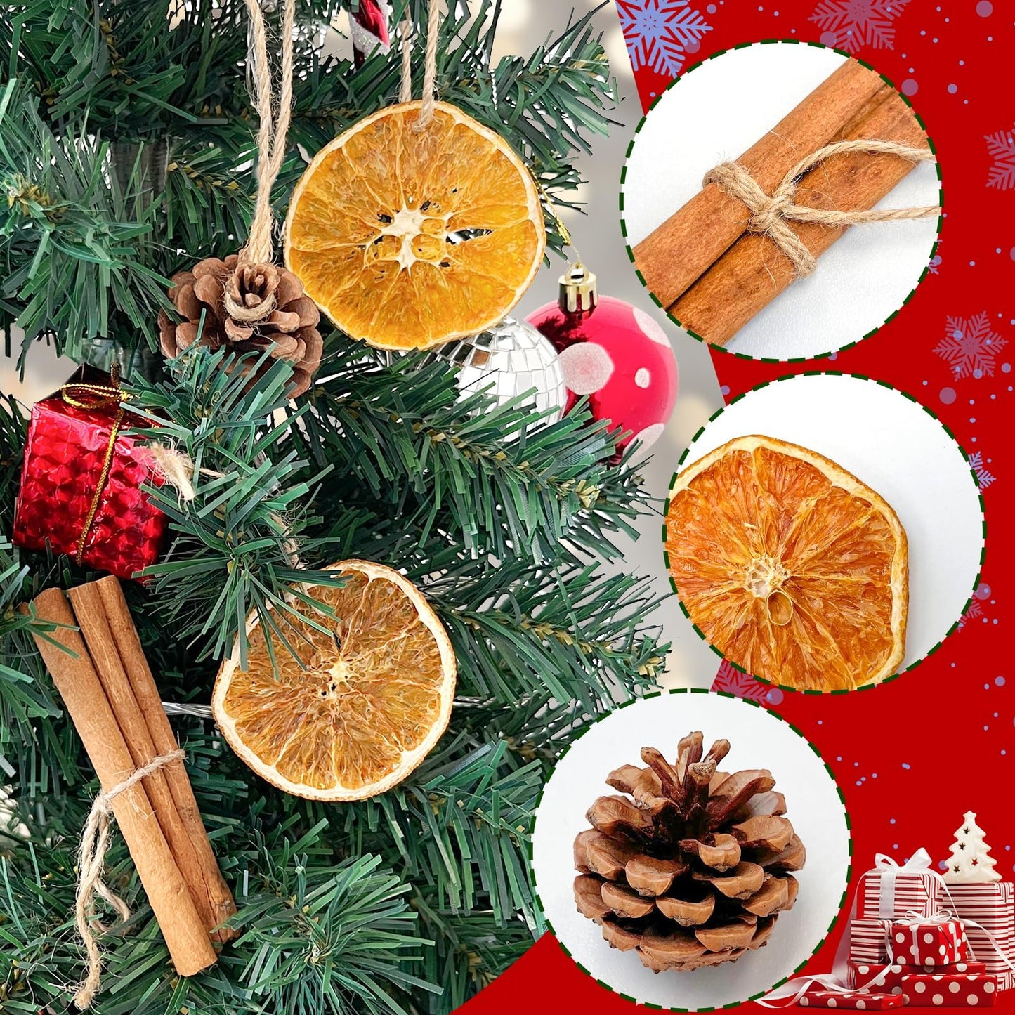 32pcs Natural Christmas Tree Ornaments Set, Rustic Christmas Ornaments Bulk with Dried Orange Slices, Cinnamon Sticks and Pine Cones with Rope,Hanging Yule Decor for Xmas Tree, DIY Crafts Decorations