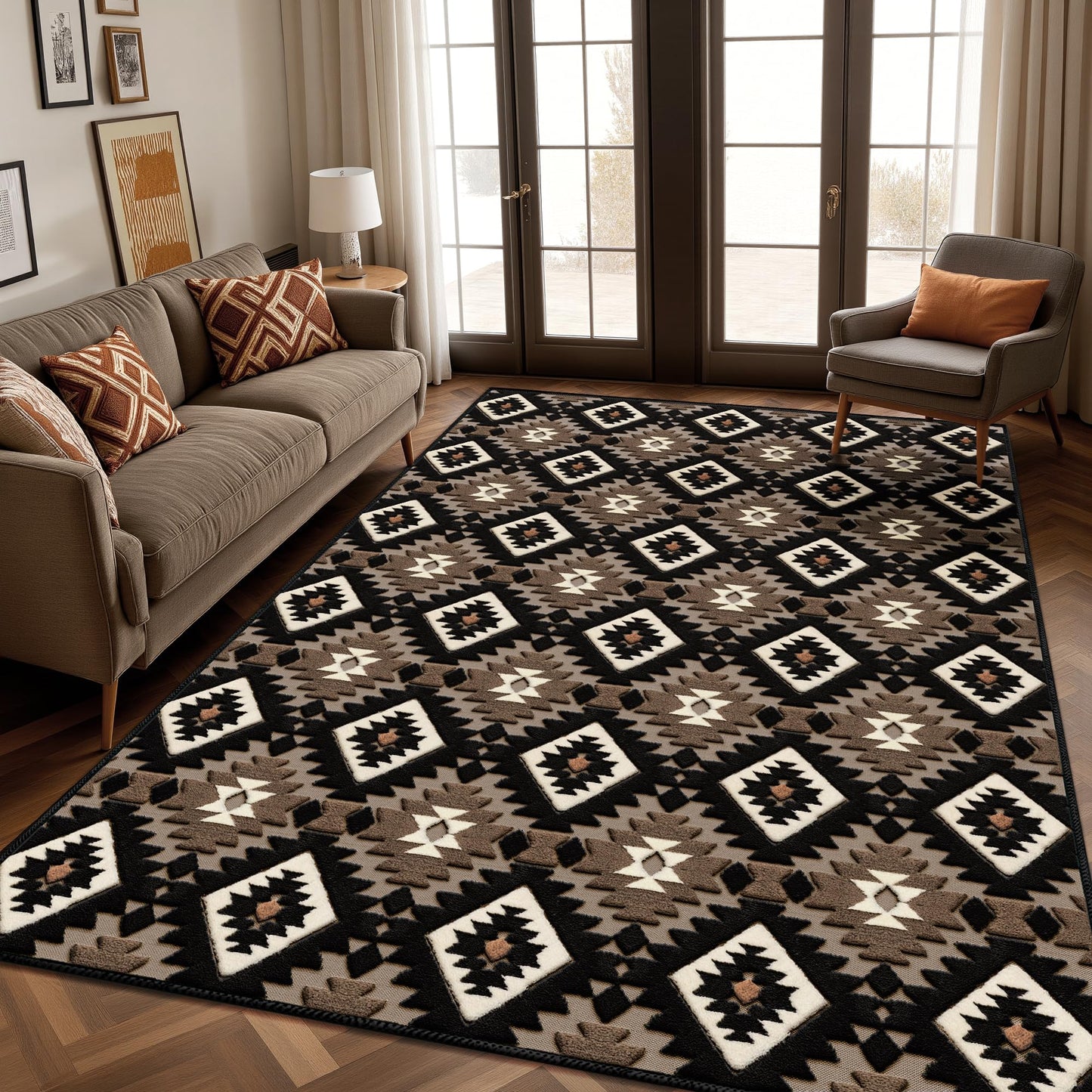 Aztec Area Rug 8x10, High-Low Plush Pile Western Washable Rugs for Living Room Bedroom, Boho Moroccan Geometric Non Slip Textured Fluffy Nursery Carpet Soft Indoor Shag Rugs for Dining Room, Brown