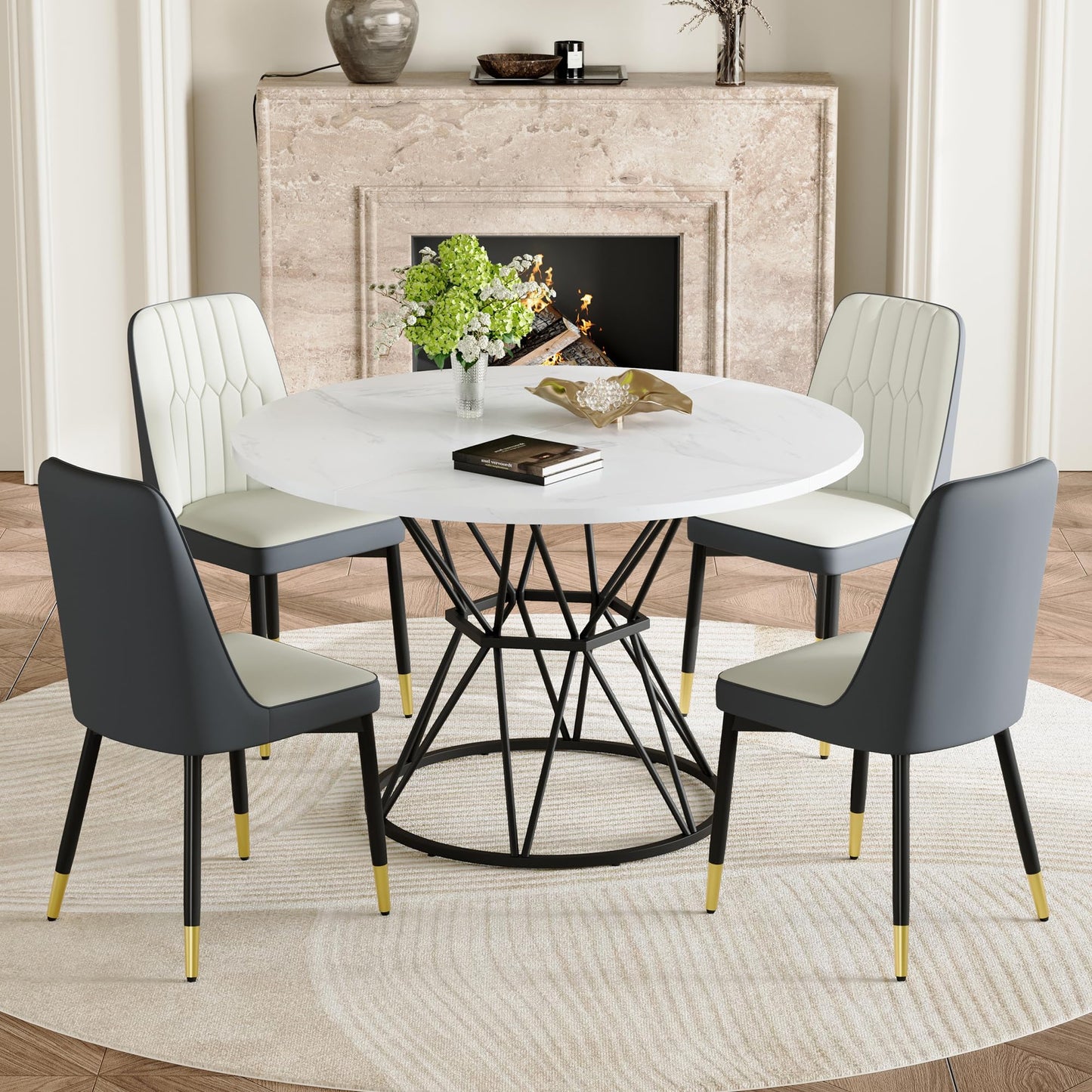 KEIKI Round Dining Table Set for 4, 47.3" White Faux Marble Kitchen Table with Black Metal Base & 4 White Gray PU Leather Chairs, Modern Industrial Dining Room Set with Gold Accent for Apartment
