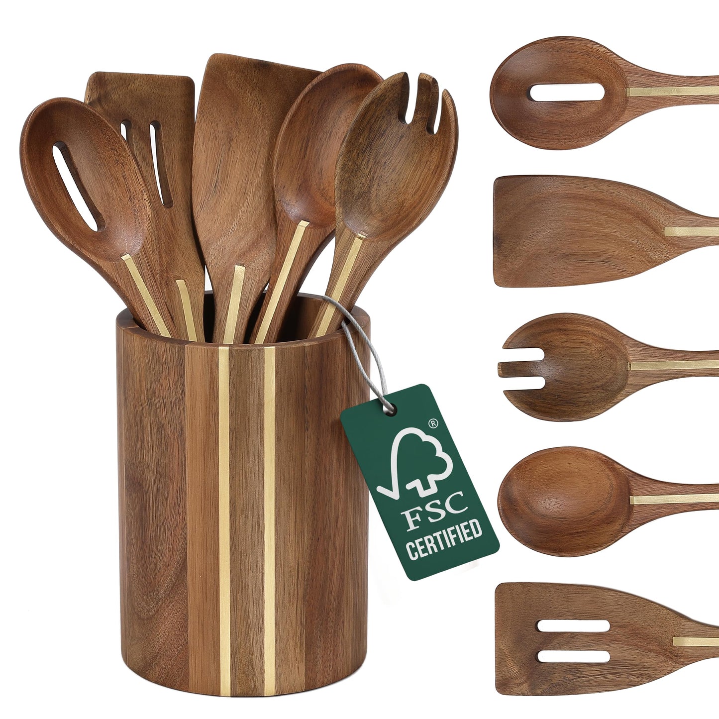 Acacia Utensil Set of 5 with Holder – Premium Wooden Cooking Utensils, Eco Friendly Acacia Wood Spatula & Spoon Set, Nonstick Safe Kitchen Tools