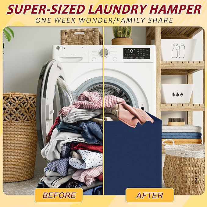 195L Laundry Hamper 3 Section,Large Laundry Hamper with Lid,Dirty Clothes Hamper with 3 Inner Bags,Collapsible Laundry Basket Organizer for Laundry Room,Laundry Sorter Hamper 3 Compartment(Blue)