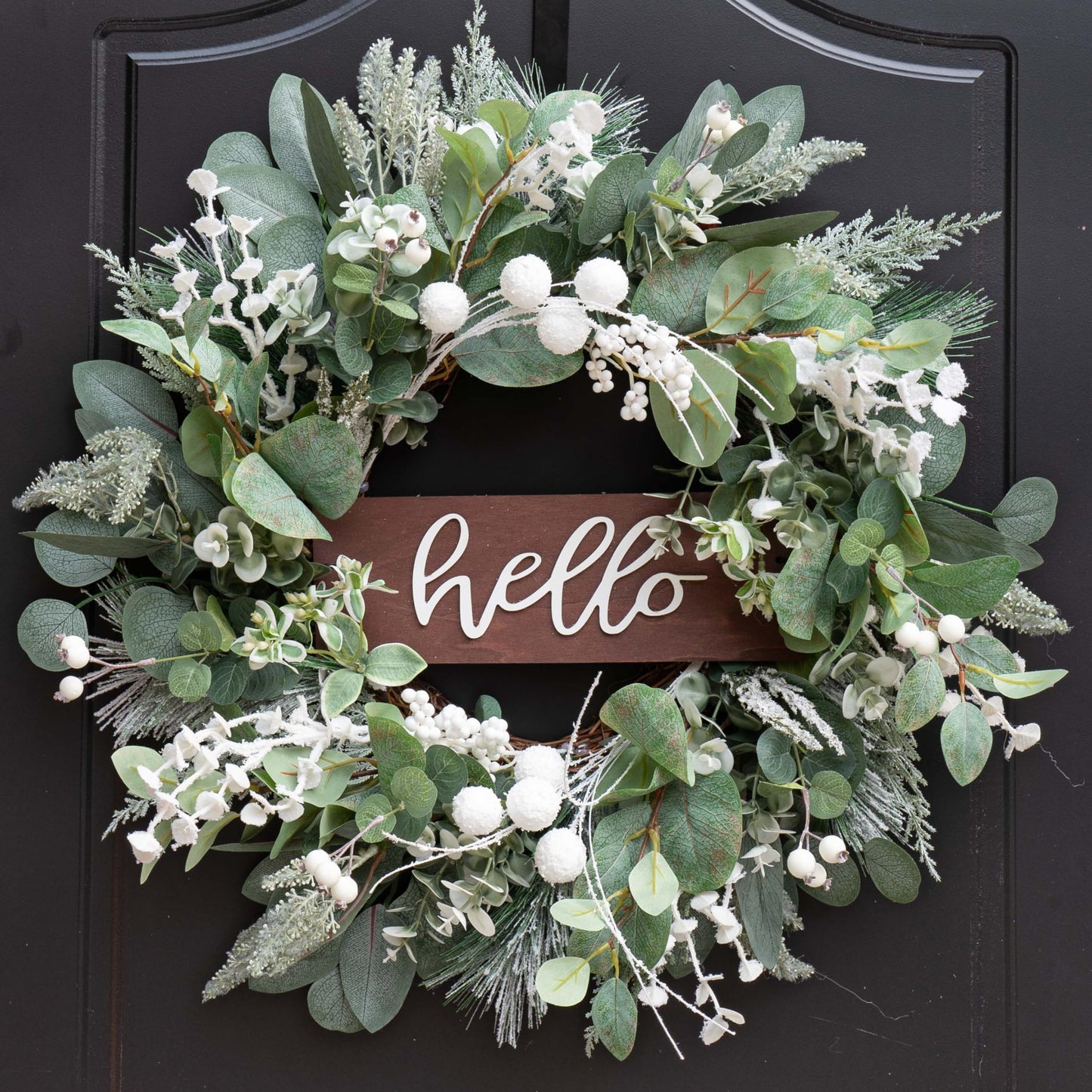 Winter Wreaths Front Door, Soomeir 24 Inch Winter Door Wreath with Snow Leaves, Pines Needles and Hello Wooden Sign for Home Window Mantle Indoor Outdoor Decor