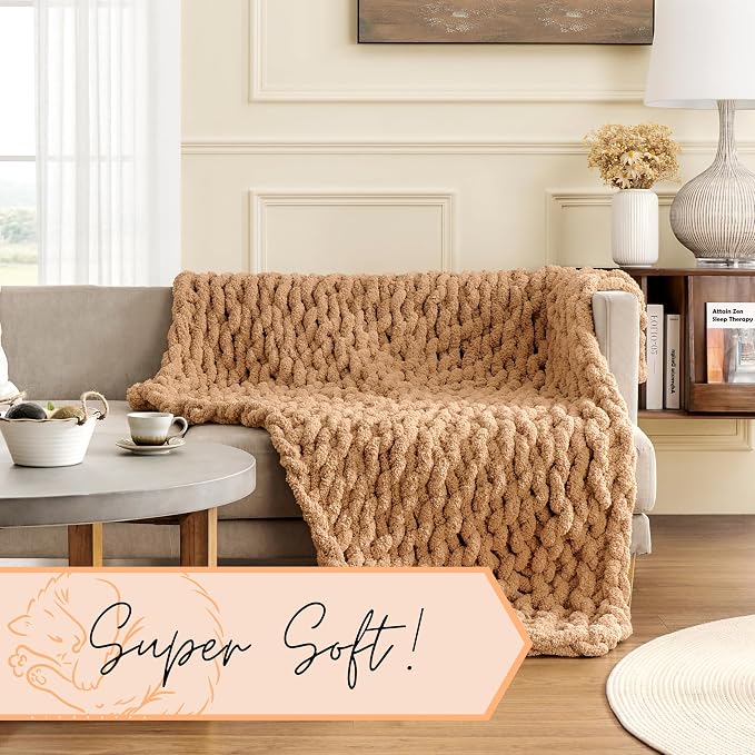 Adyrescia Chunky Knit Blanket Throw | 100% Hand Knit with Jumbo Chenille Yarn (50"x60", Caramel Brown)