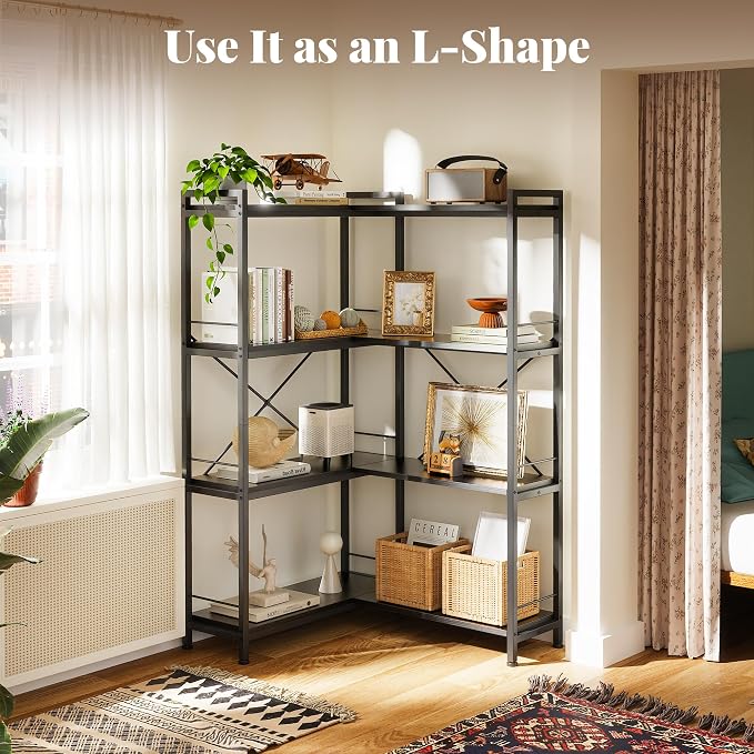 Huuger 4 Tier Bookshelf, L Shaped Corner Bookshelf with 8 Open Shelves, 49.4 Inch Straight Wide Bookcase with Metal Frame and Wooden Board, Adjustable Feet, Black