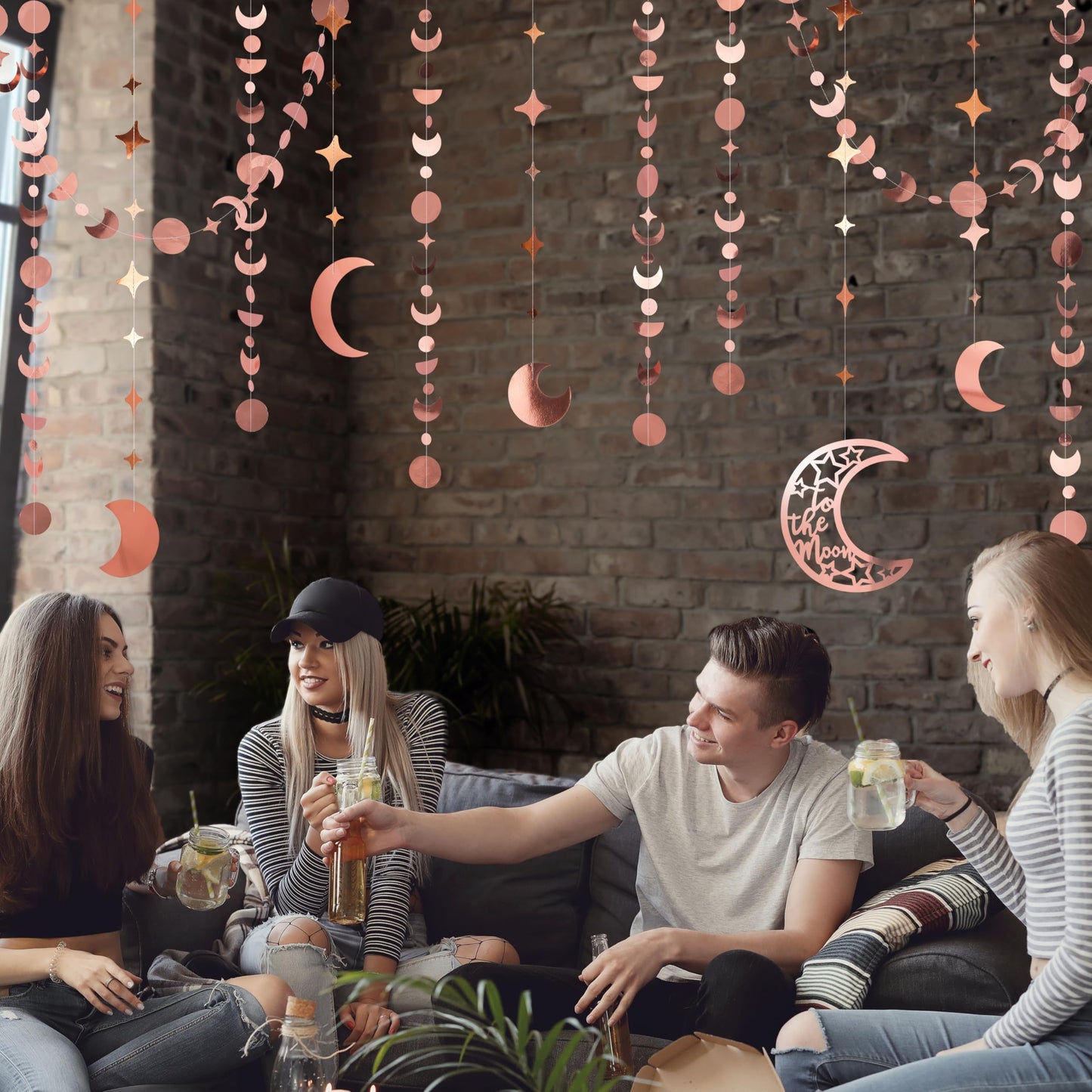 Cheerland Star Moon Garlands Party Decorations New Year Eve Decor Boho Celestial Moroccan Birthday Decor Hanging Streamer Crescent Stars Whimsical Ramadan EID Mubarak Rose Gold Party Supplies