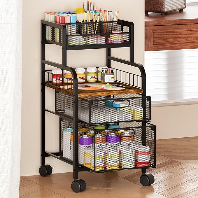 SWTYMIKI Rolling Cart with Drawers - Metal Craft Cart with Wheels, DIY Divider and Wood Shelf, Art Supply Organizer for Under Desk Storage, Utility Storage Cart for Home Office Studio, Espresso