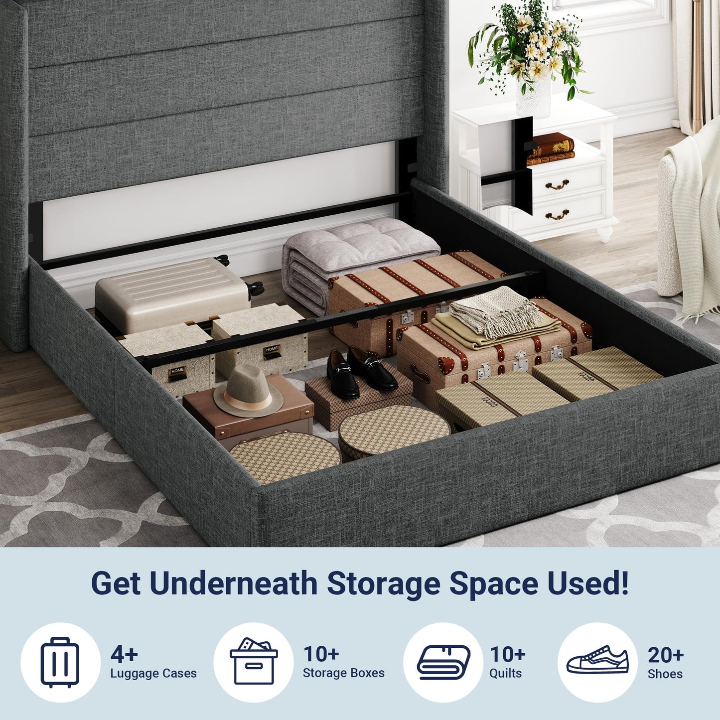 Allewie Queen Size Lift Up Storage Bed, Modern Wingback Headboard, Hydraulic Support, No Box Spring Needed, Dark Grey