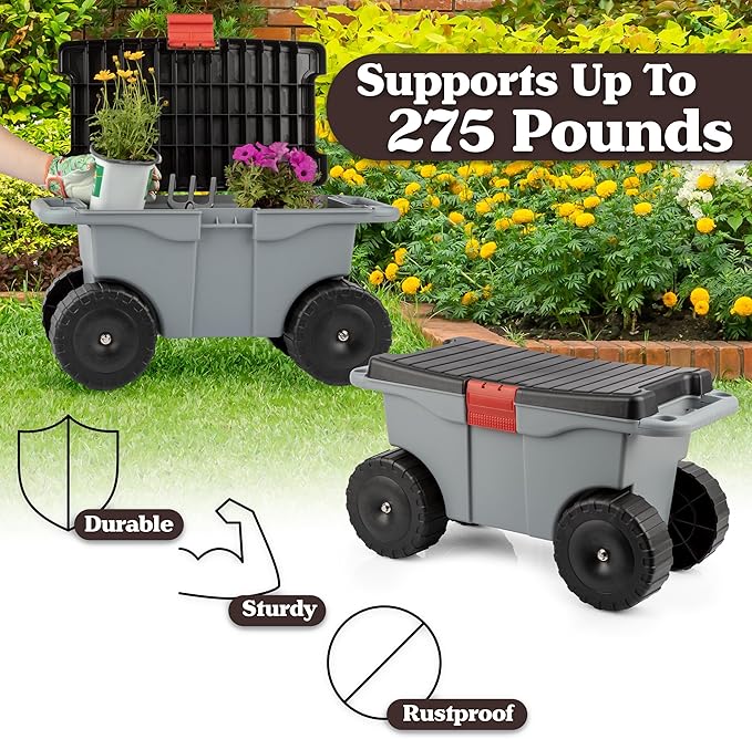 Pure Garden Rolling Garden Cart with Seat - Plastic Storage with Bench and Interior Tool Tray - Gardening Stool for Weeding and Planting (Gray)